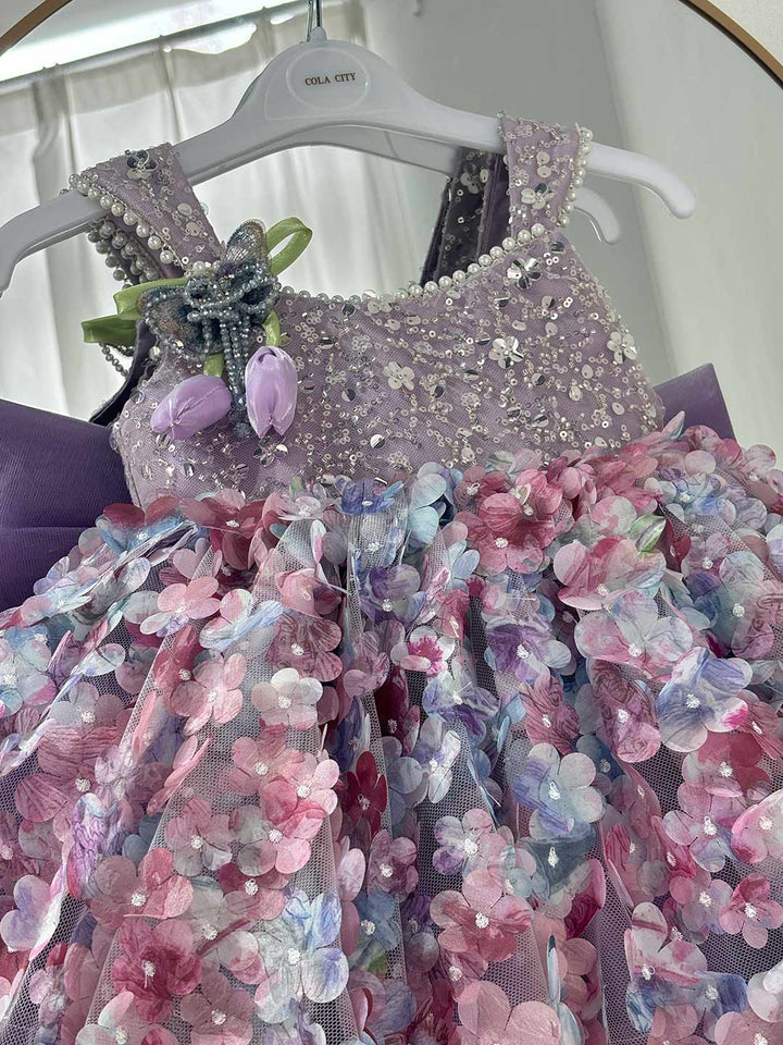Luxury Purple Flower Girl Dress with Ombre Sequin Bodice 3D Floral Tulle Girls Pageant Gown with Long Train D285B