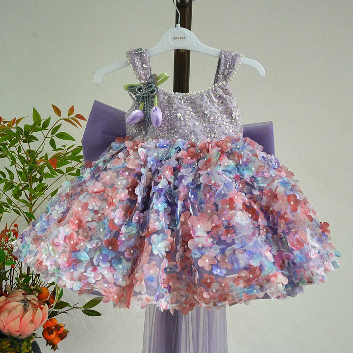 Luxury Purple Flower Girl Dress with Ombre Sequin Bodice 3D Floral Tulle Girls Pageant Gown with Long Train D285B
