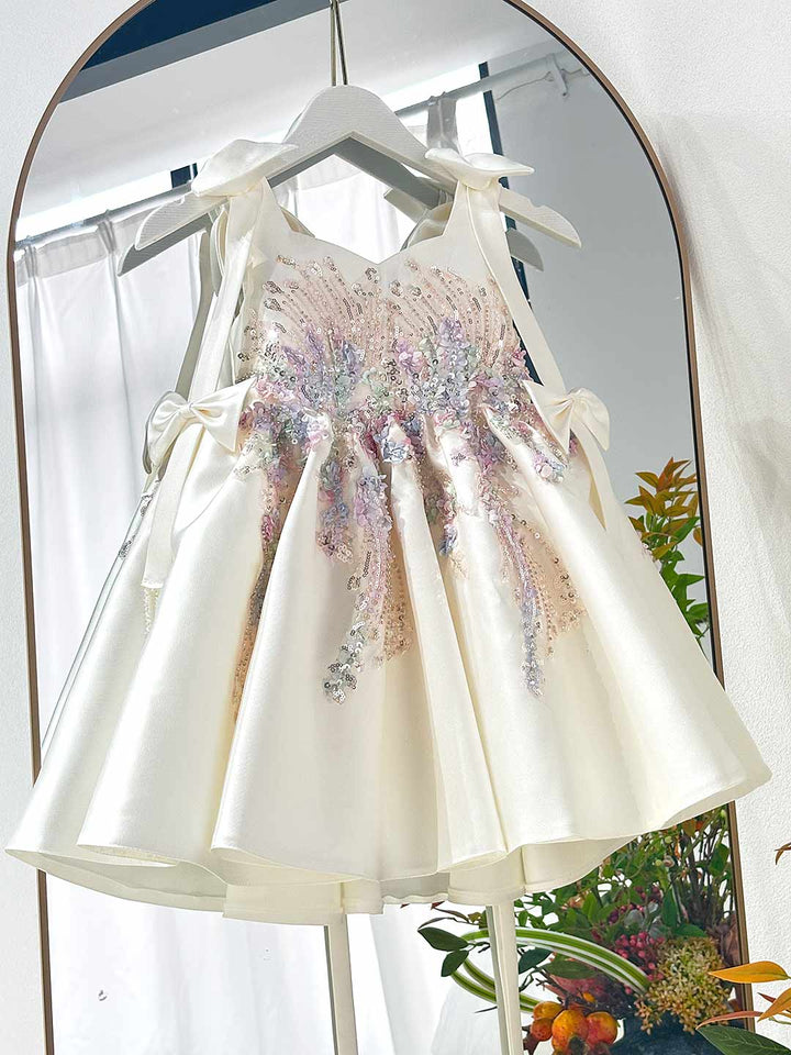 Luxury Off White Flower Girl Dress for Wedding Satin Bow Princess Party Dress J469