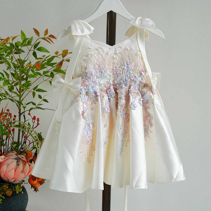 Luxury Off White Flower Girl Dress for Wedding Satin Bow Princess Party Dress J469