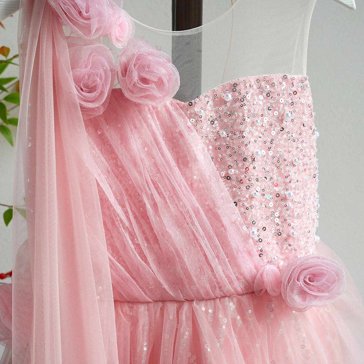 Lovely One-Shoulder 3D Flower Tulle Pink Flower Girl Dress D074