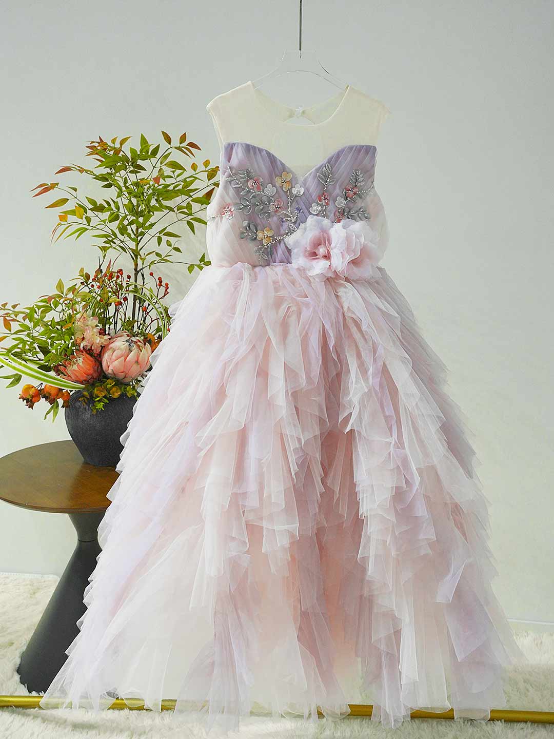 Pink Tiered Tulle Flower Girl Dress with Floral Embroidery Kids Princess Ball Gown J613