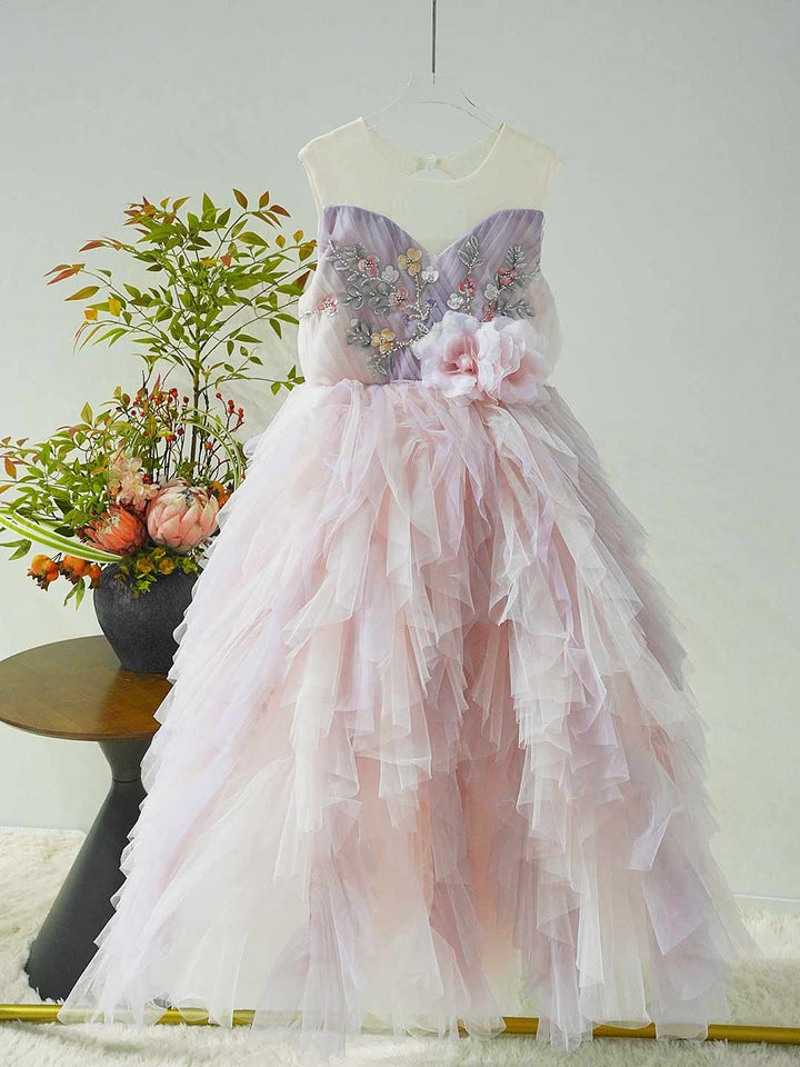 Pink Tiered Tulle Flower Girl Dress with Floral Embroidery Kids Princess Ball Gown J613