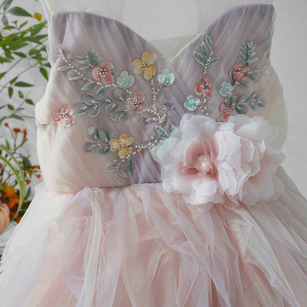 Pink Tiered Tulle Flower Girl Dress with Floral Embroidery Kids Princess Ball Gown J613