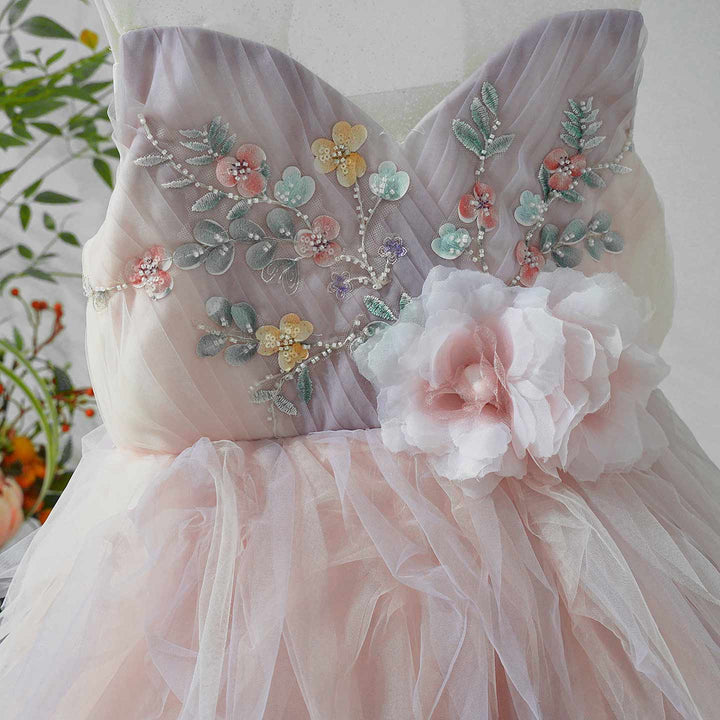 Pink Tiered Tulle Flower Girl Dress with Floral Embroidery Kids Princess Ball Gown J613