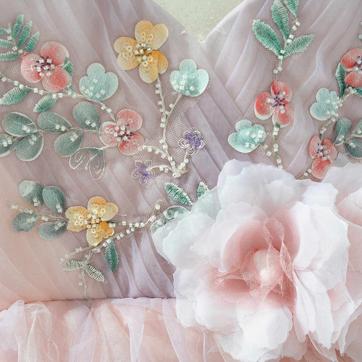 Pink Tiered Tulle Flower Girl Dress with Floral Embroidery Kids Princess Ball Gown J613
