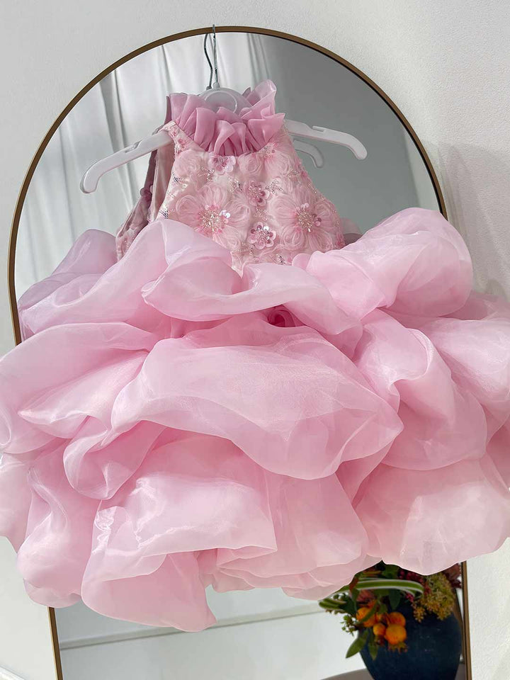 Elegant Pink Floral Princess Girl Dress for Birthday and Pageant J595