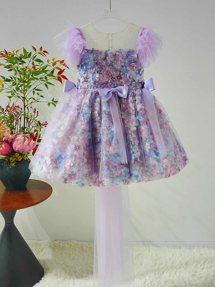 Luxury Purple Flower Girl Dress with Feather Sleeves Girls High Low Floral Tulle Pageant Party Gown D282