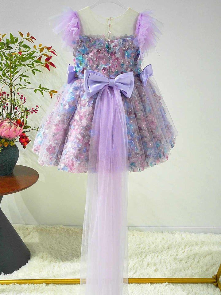 Luxury Purple Flower Girl Dress with Feather Sleeves Girls High Low Floral Tulle Pageant Party Gown D282