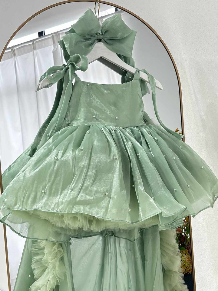 Bowed Lace Up Satin Flower Girl Dress With Trailing J546