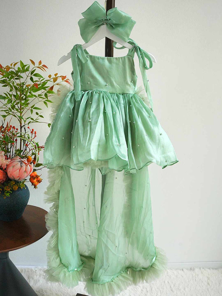Bowed Lace Up Satin Flower Girl Dress With Trailing J546
