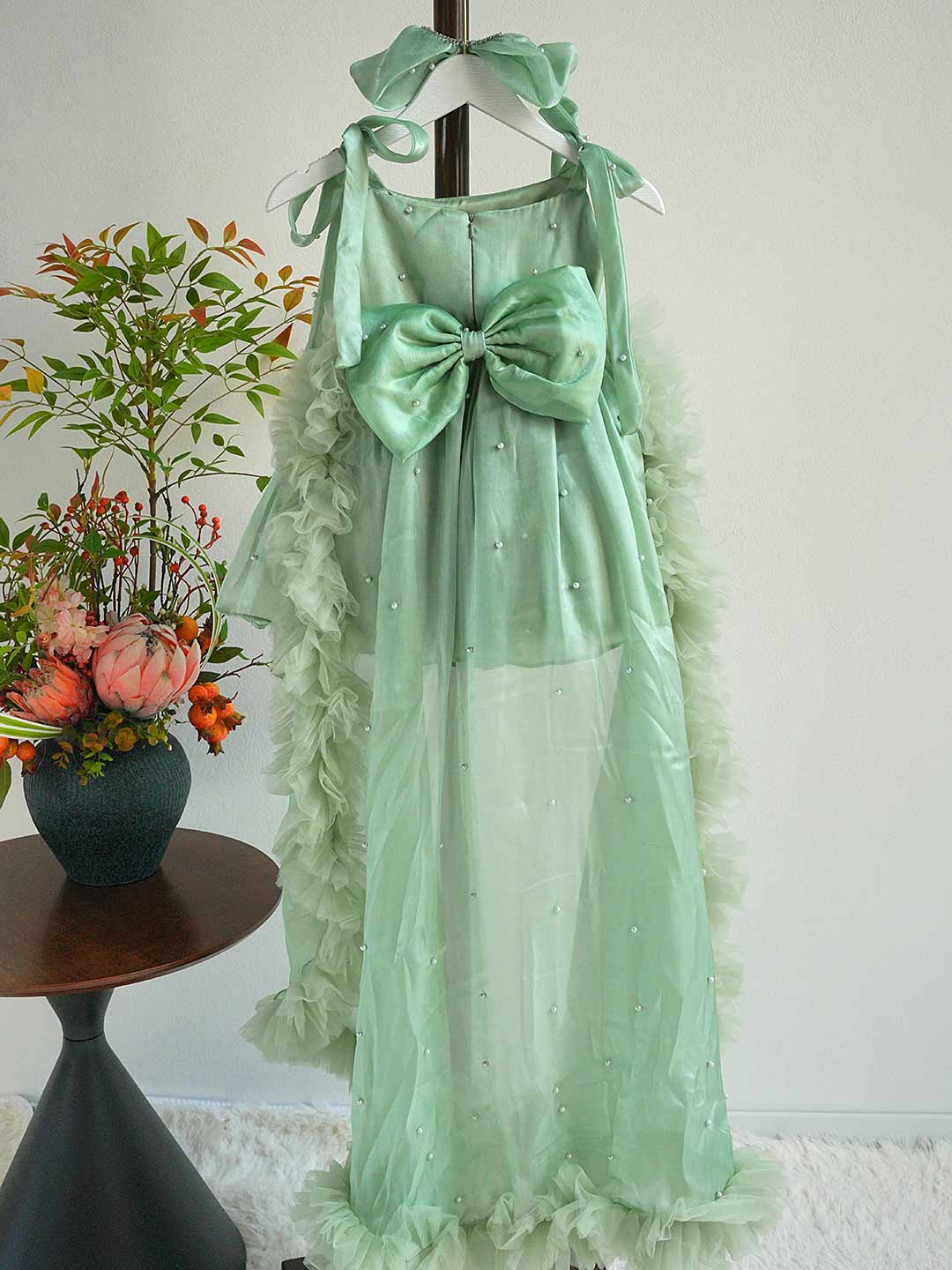 Bowed Lace Up Satin Flower Girl Dress With Trailing J546