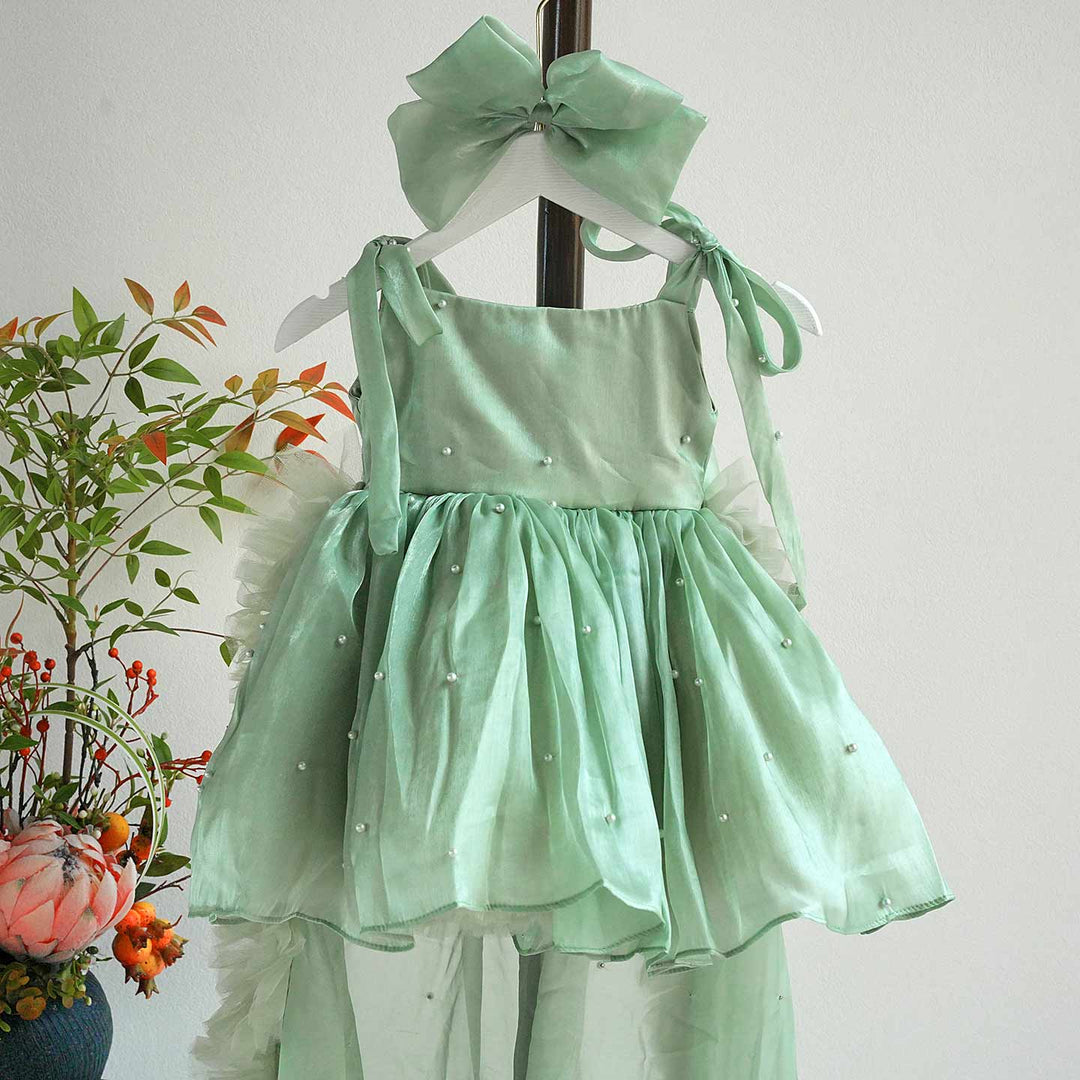 Bowed Lace Up Satin Flower Girl Dress With Trailing J546