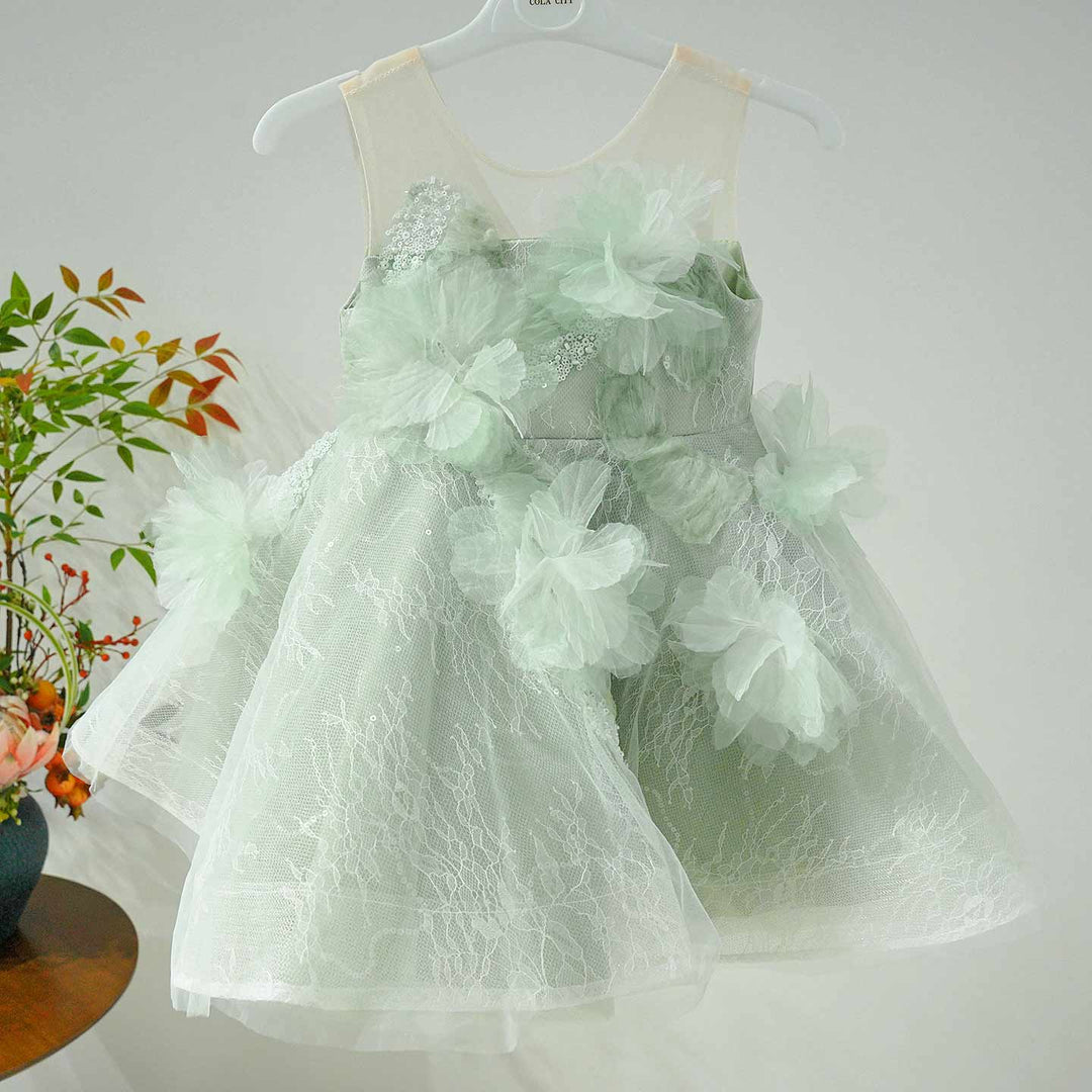 Sage Green Flower Girl Dress with 3D Floral Appliqué Lace Tulle Princess Wedding Gown D259