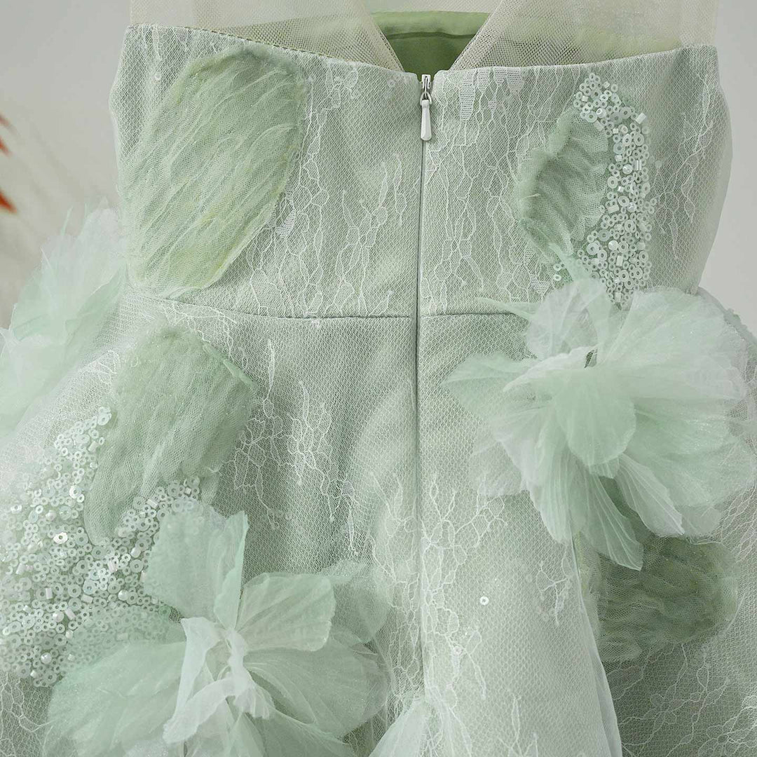 Sage Green Flower Girl Dress with 3D Floral Appliqué Lace Tulle Princess Wedding Gown D259