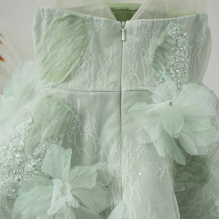 Sage Green Flower Girl Dress with 3D Floral Appliqué Lace Tulle Princess Wedding Gown D259