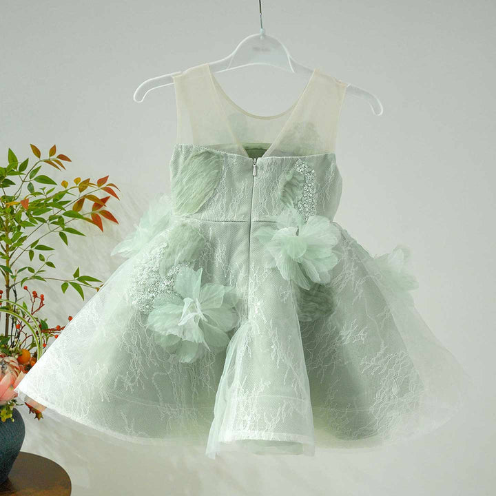 Sage Green Flower Girl Dress with 3D Floral Appliqué Lace Tulle Princess Wedding Gown D259