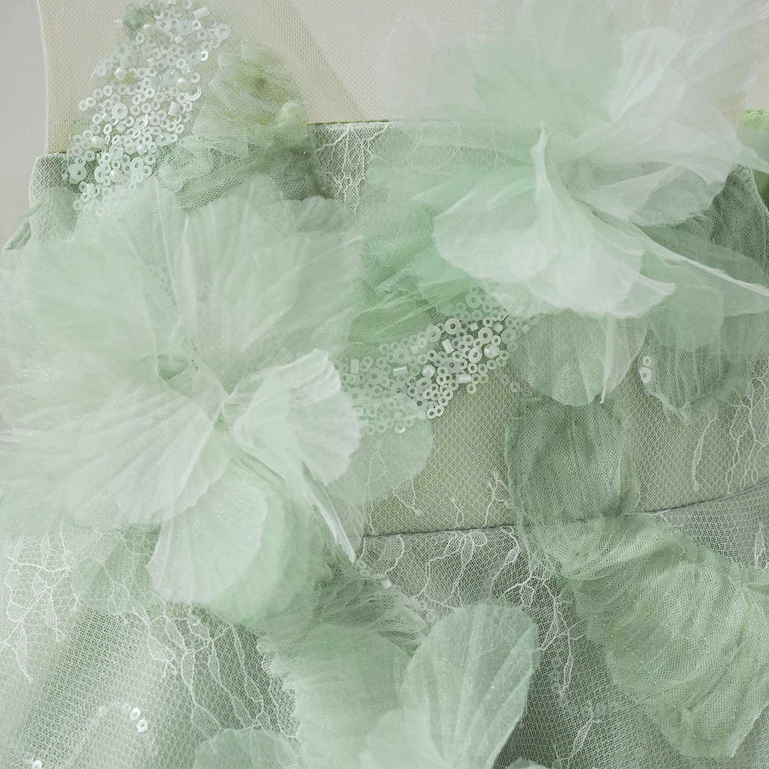 Sage Green Flower Girl Dress with 3D Floral Appliqué Lace Tulle Princess Wedding Gown D259