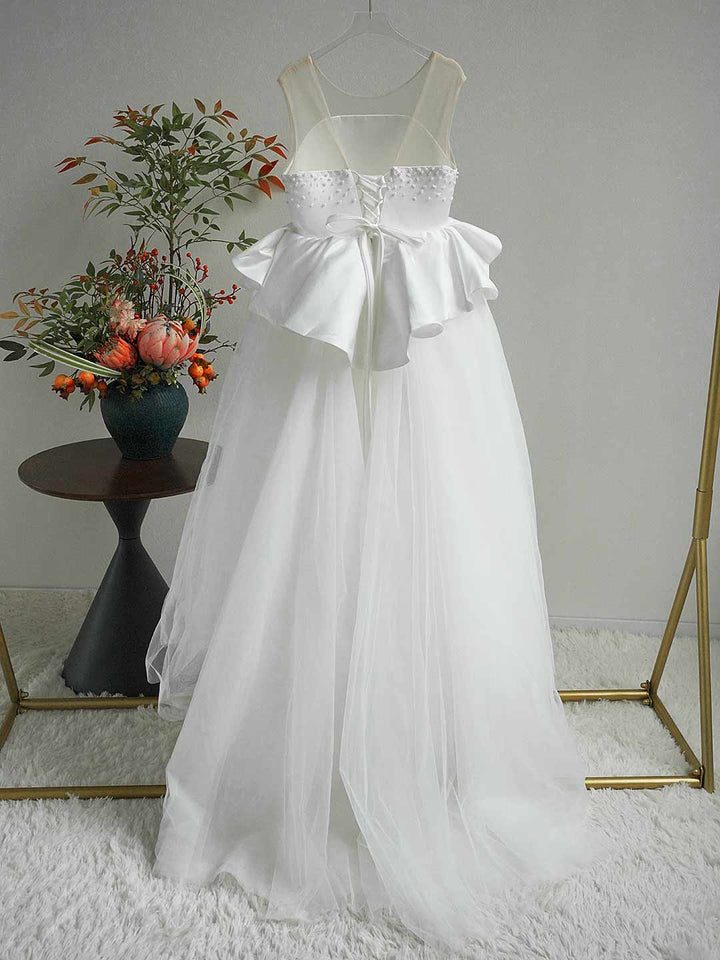 Luxury White Flower Girl Dress with Beaded Bodice and Tulle Skirt J388