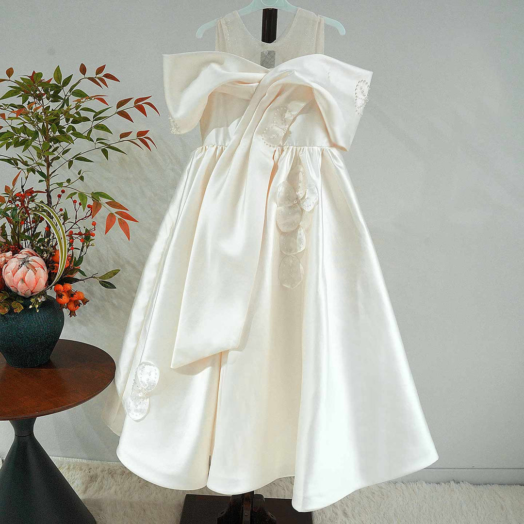 Luxury Off-White Satin Flower Girl Dress with Oversized Bow D339