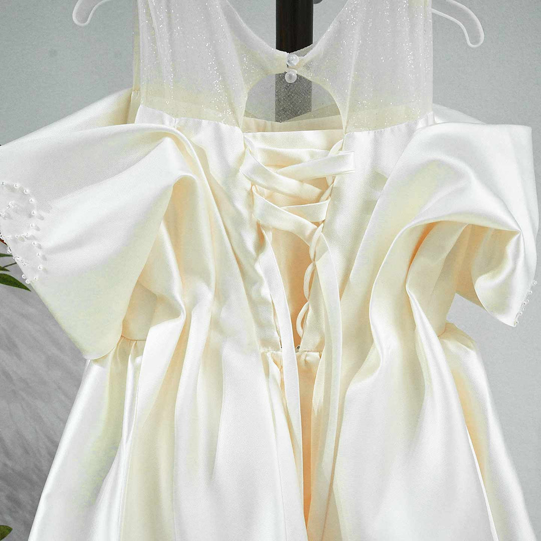 Luxury Off-White Satin Flower Girl Dress with Oversized Bow D339