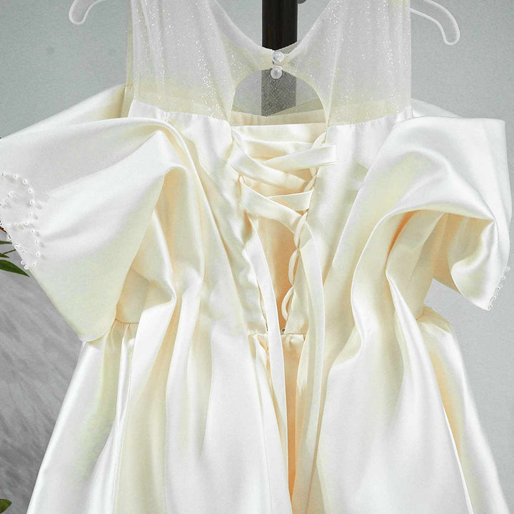 Luxury Off-White Satin Flower Girl Dress with Oversized Bow D339
