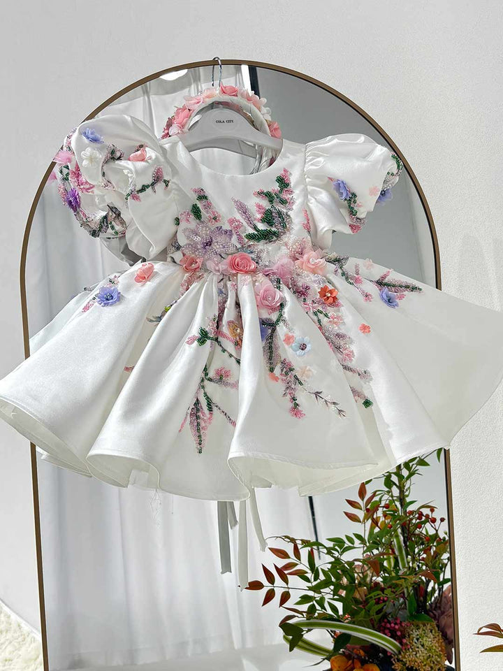 Elegant White Puffy Flower Girl Dress for Girls Wedding Party D274