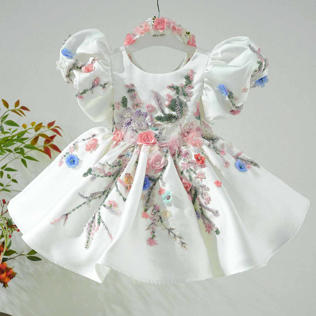 Elegant White Puffy Flower Girl Dress for Girls Wedding Party D274