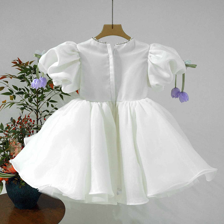 White Flower Girl Dress with 3D Floral Embroidery Butterfly Wedding Party Gown J897