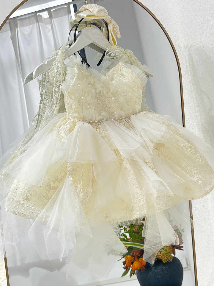 Vintage Champagne Flower Girl Dress with Floral Embroidery Toddler Girls Fluffy Tulle Wedding Ball Gown J912