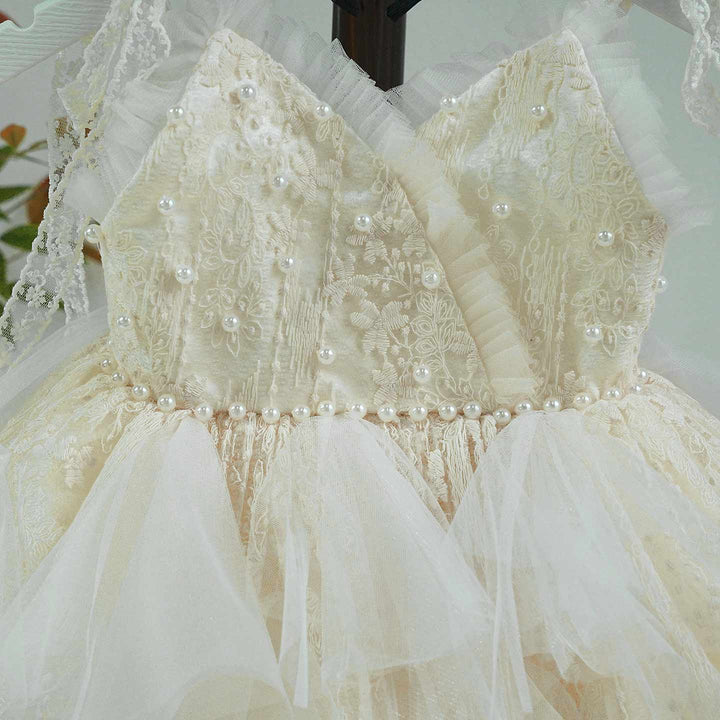 Vintage Champagne Flower Girl Dress with Floral Embroidery Toddler Girls Fluffy Tulle Wedding Ball Gown J912