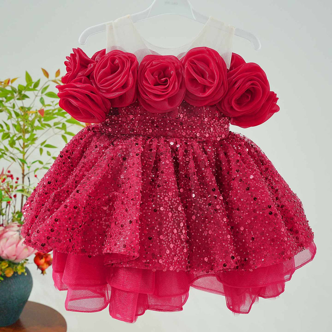 Flower Girl Dress with 3D Floral Accents Sparkling Sequins D099