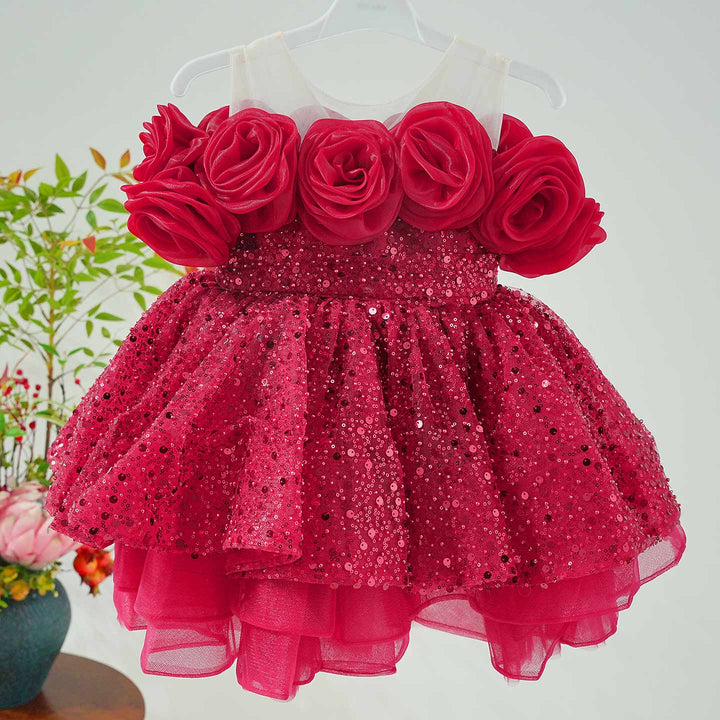 Flower Girl Dress with 3D Floral Accents Sparkling Sequins D099