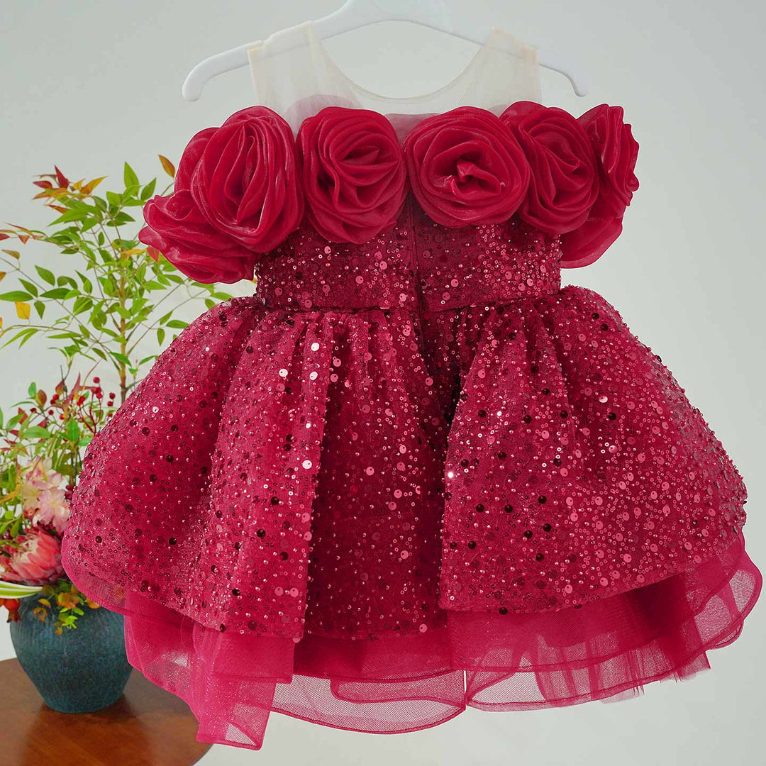 Flower Girl Dress with 3D Floral Accents Sparkling Sequins D099