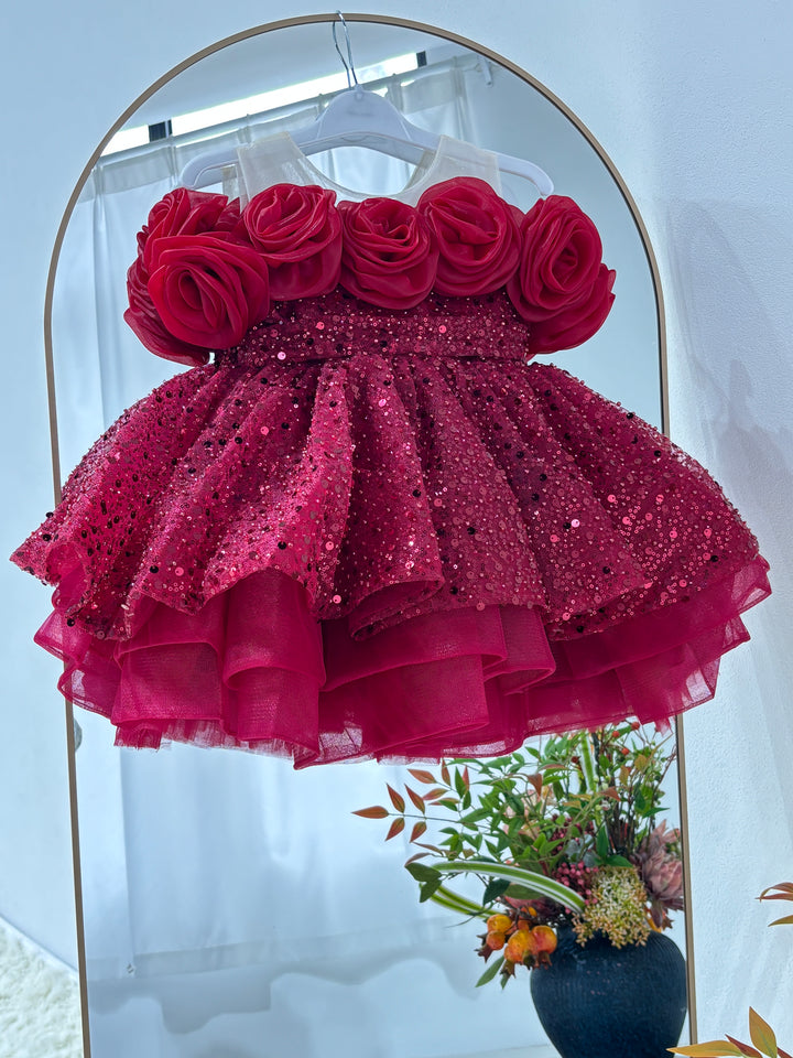Flower Girl Dress with 3D Floral Accents Sparkling Sequins D099