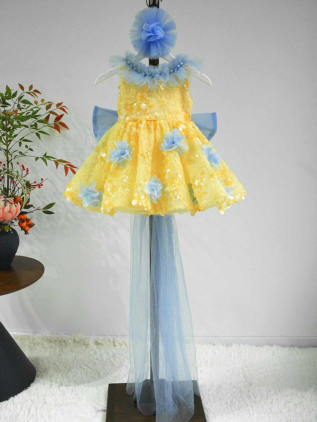Vibrant Yellow Blue 3D Floral Flower Girl Dress Girls Sheer Tulle Birthday Pageant Gown J906