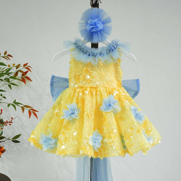 Vibrant Yellow Blue 3D Floral Flower Girl Dress Girls Sheer Tulle Birthday Pageant Gown J906