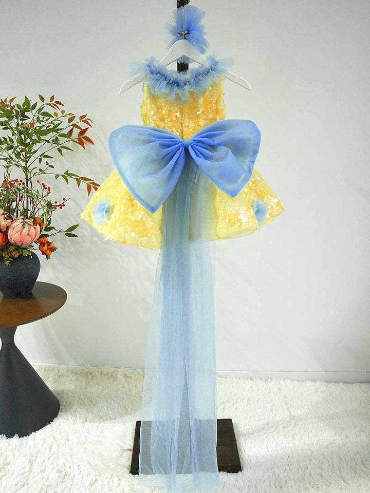 Vibrant Yellow Blue 3D Floral Flower Girl Dress Girls Sheer Tulle Birthday Pageant Gown J906