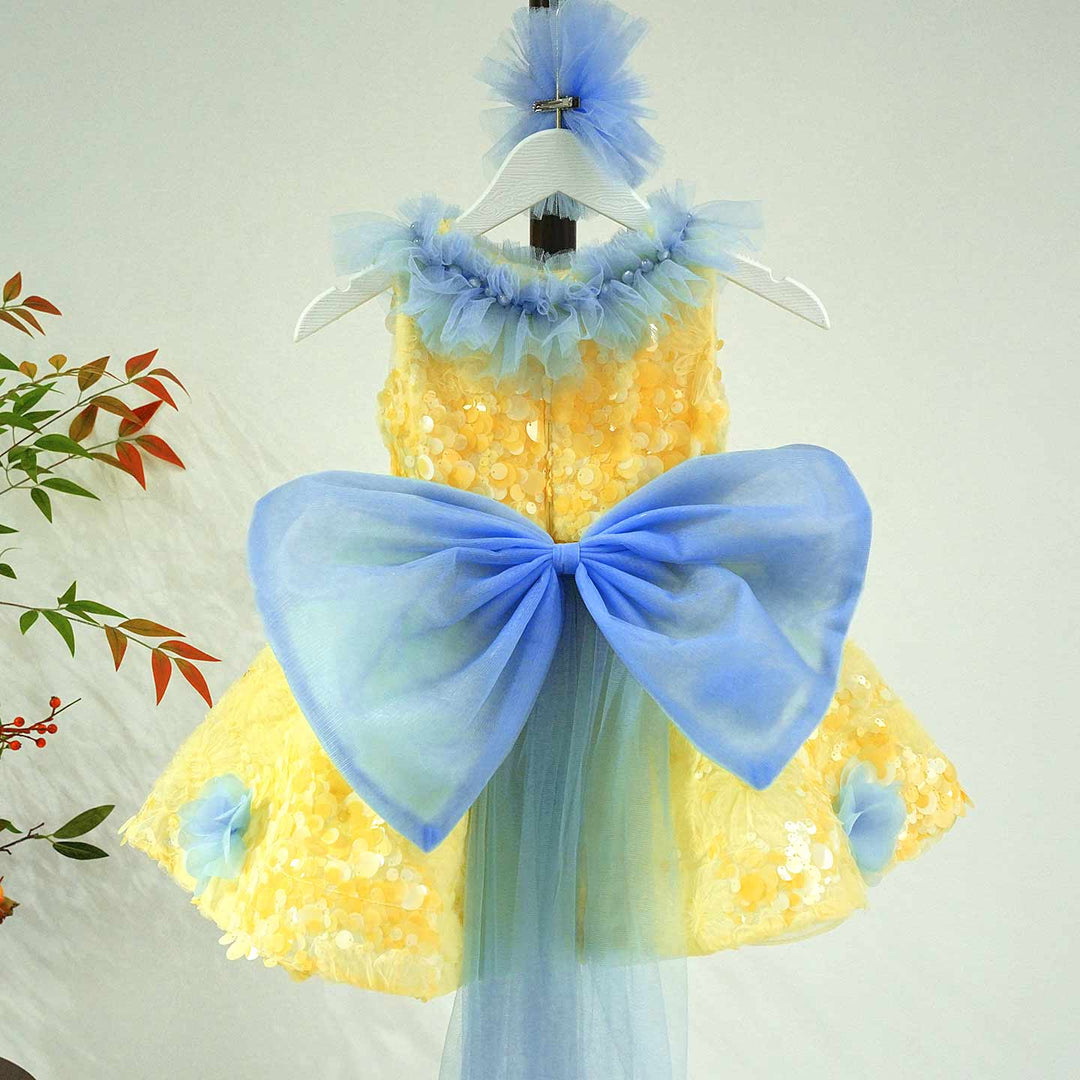 Vibrant Yellow Blue 3D Floral Flower Girl Dress Girls Sheer Tulle Birthday Pageant Gown J906