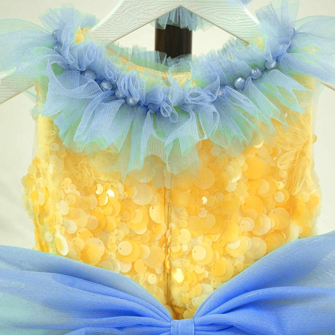 Vibrant Yellow Blue 3D Floral Flower Girl Dress Girls Sheer Tulle Birthday Pageant Gown J906