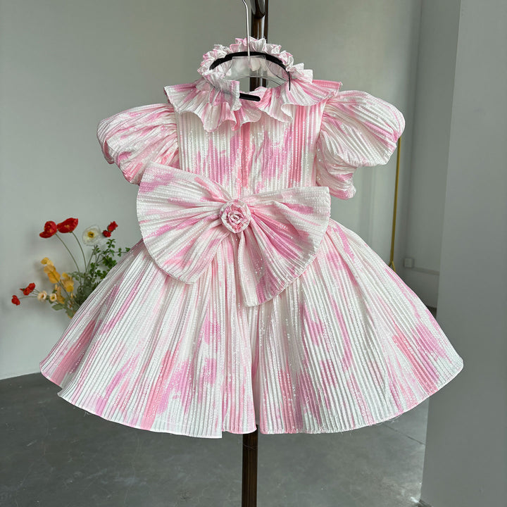 Pink Flower Girl Dress for Princess Kids 1st Birthday Party Knee Length Gown J767