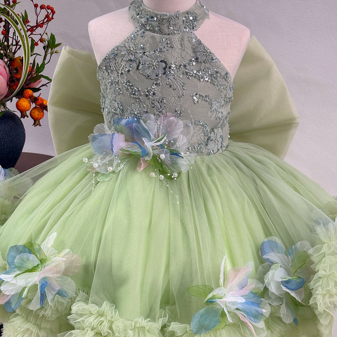 Sparkly Sage Green Princess Dress for Girls 3D Floral Party Dress J873B