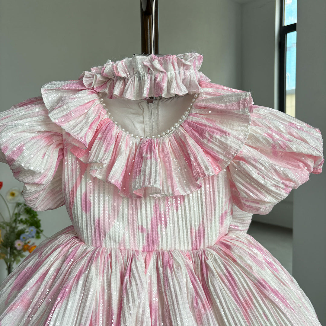 Pink Flower Girl Dress for Princess Kids 1st Birthday Party Knee Length Gown J767