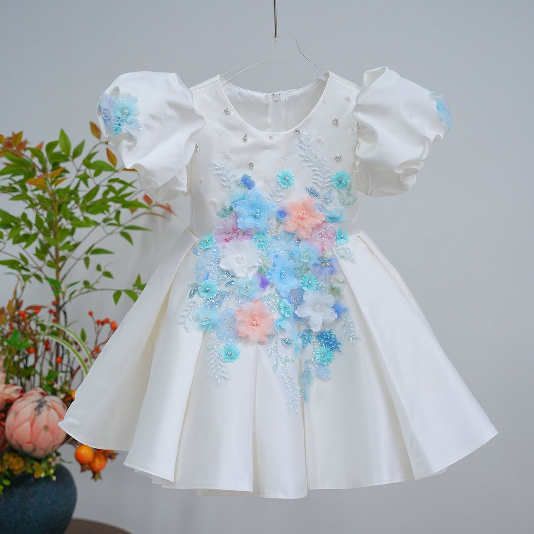 Elegant White Beaded Flower Girl Dress Princess Birthday Gown  J841