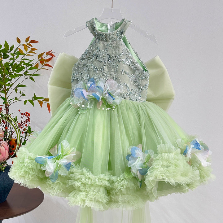 Sparkly Sage Green Princess Dress for Girls 3D Floral Party Dress J873B