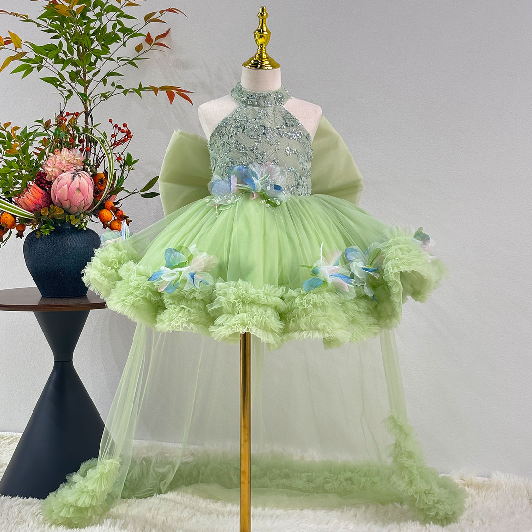 Sparkly Sage Green Princess Dress for Girls 3D Floral Party Dress J873B