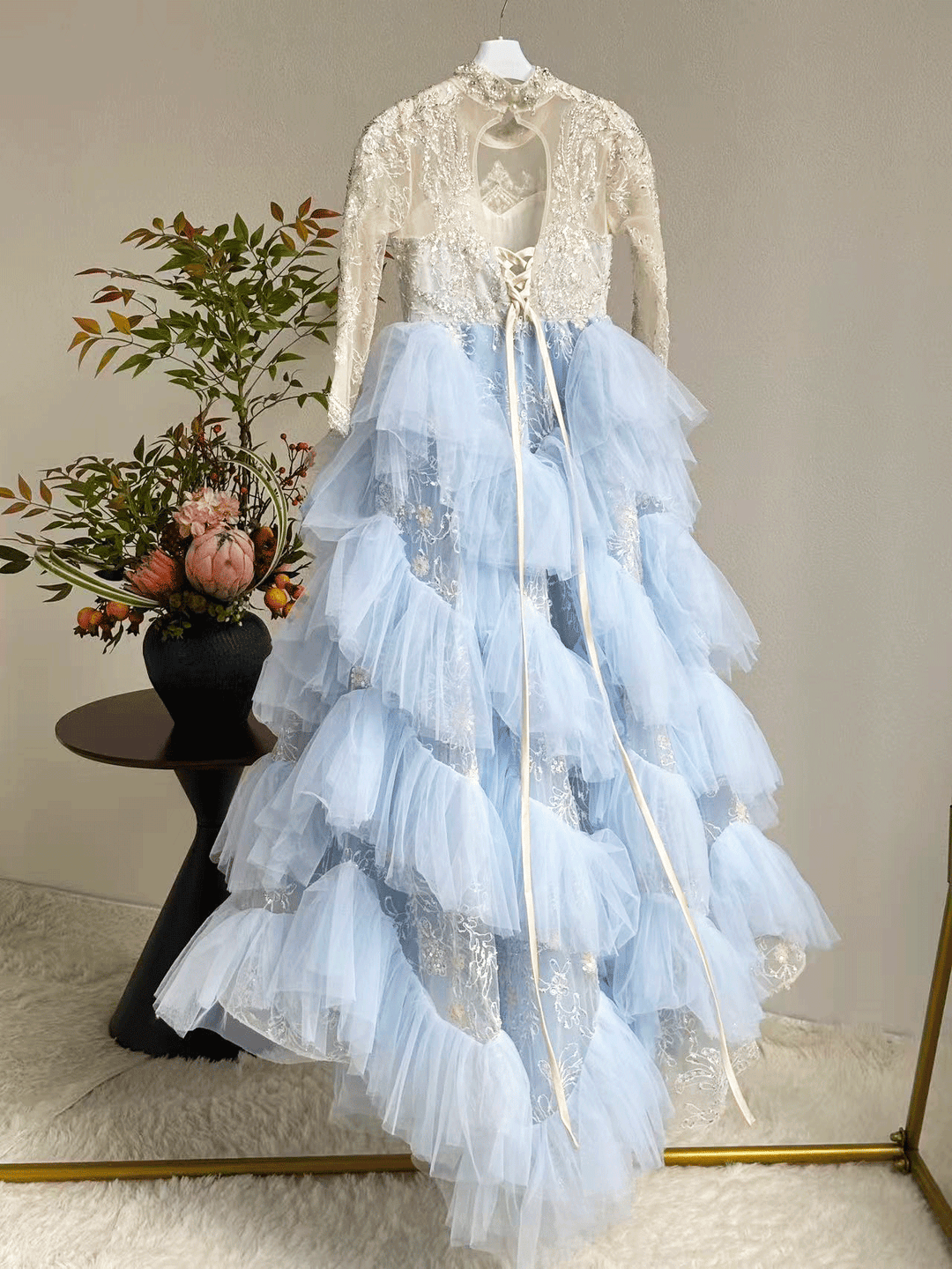Luxury Blue Dubai Girl Dress Beaded Pearls Arabic Princess Kids J381