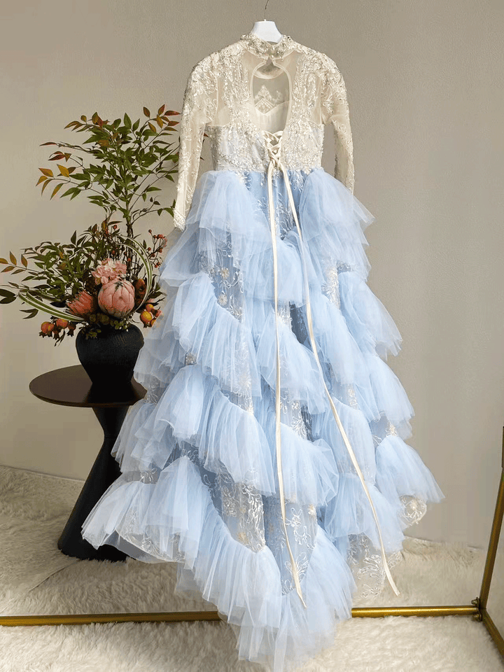 Luxury Blue Dubai Girl Dress Beaded Pearls Arabic Princess Kids J381