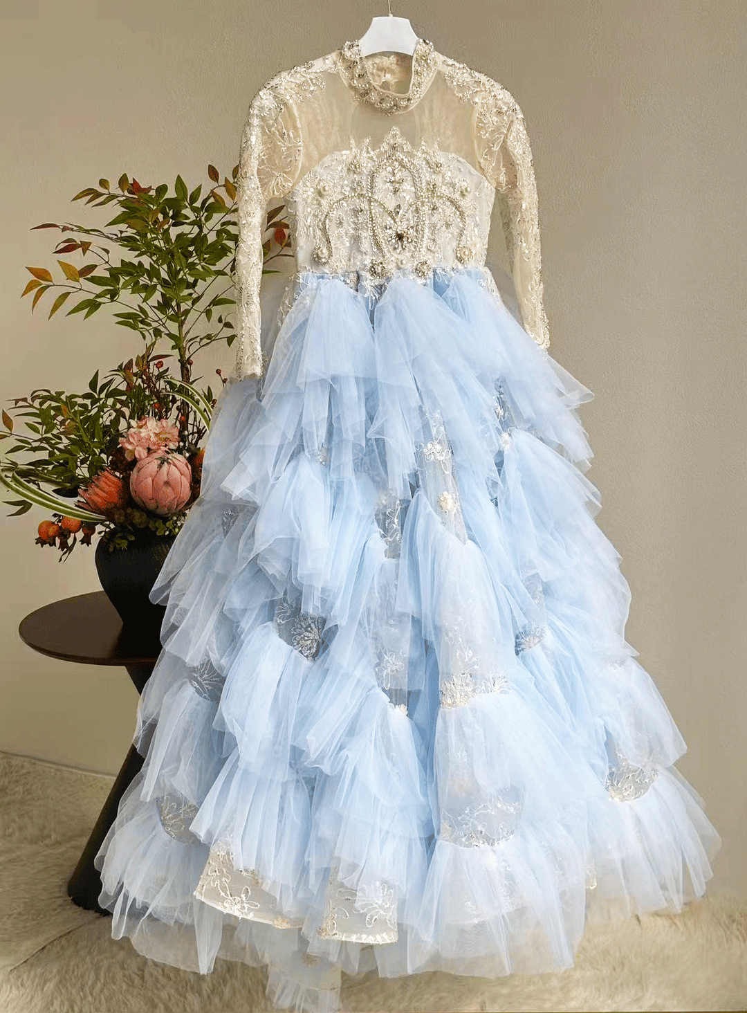 Luxury Blue Dubai Girl Dress Beaded Pearls Arabic Princess Kids J381