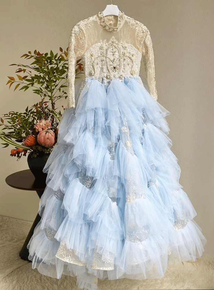 Luxury Blue Dubai Girl Dress Beaded Pearls Arabic Princess Kids J381